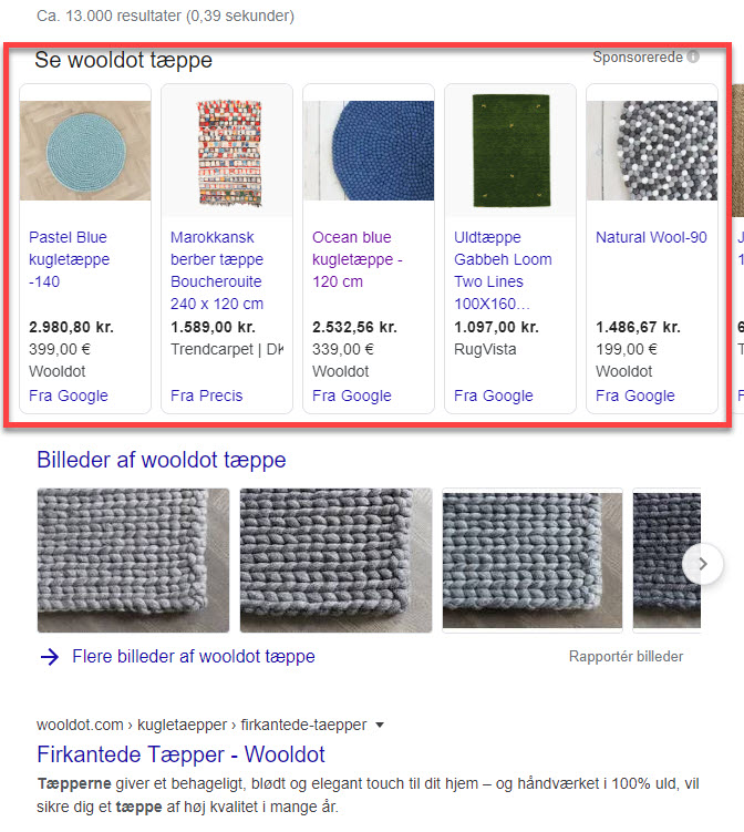 Google shopping resultater wooldot tæppe